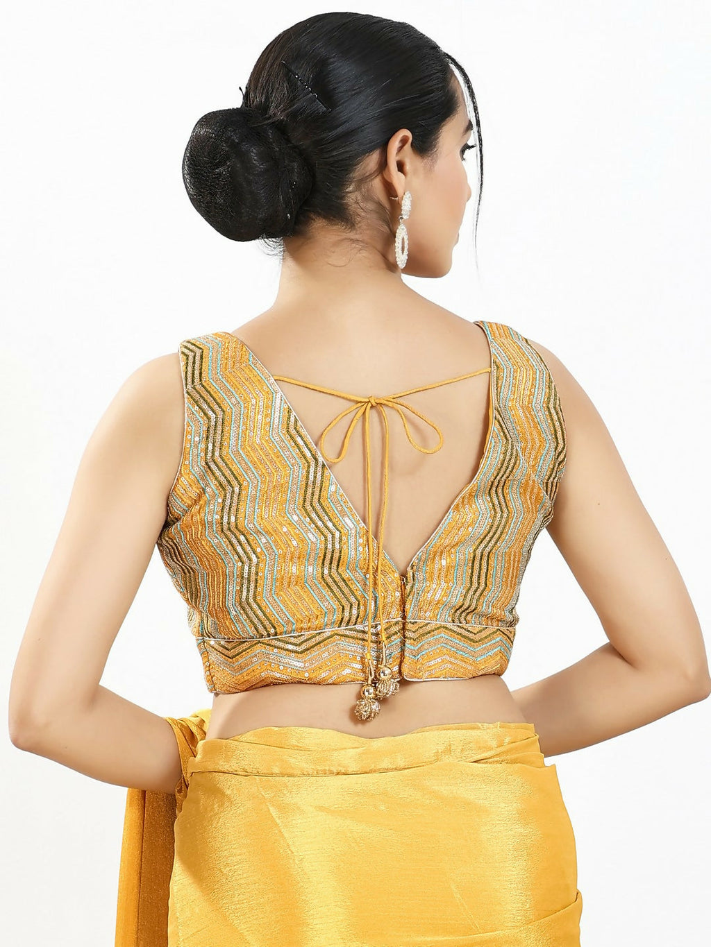 Joban Fashion Yellow Multi Silk Padded Blouse With V Neck Sleeveless - Distacart