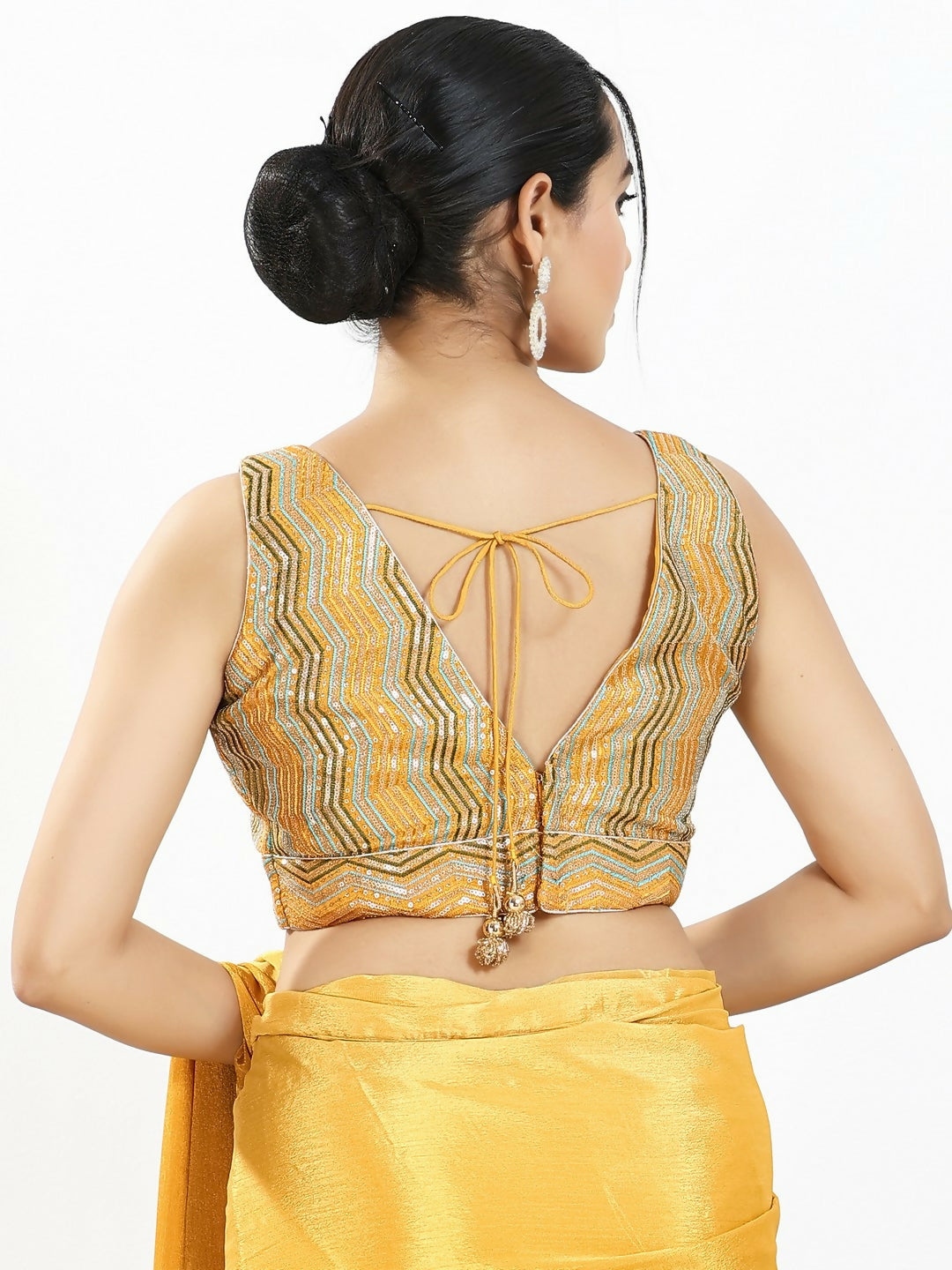 Joban Fashion Yellow Multi Silk Padded Blouse With V Neck Sleeveless - Distacart