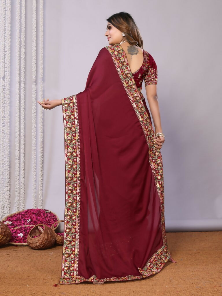 Maroon Silk Georgette Resham And Zari Embroidery Saree - Norita Saumya