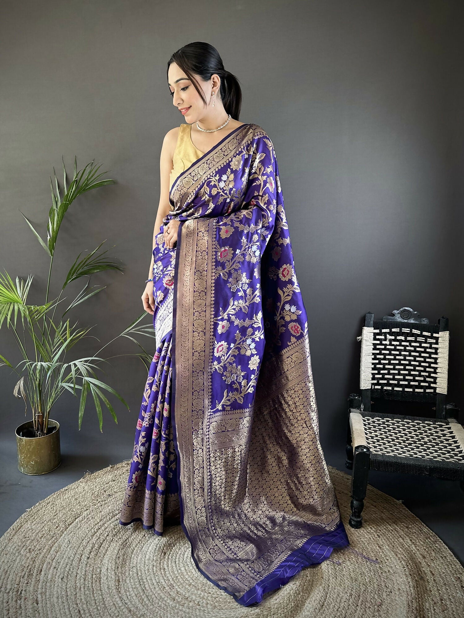 Joban Fashion Violet Floral & Ethnic Motifs Design Soft Silk Meenakari Banarasi Saree - Distacart