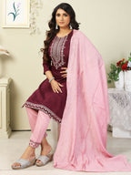 Vamika Chinon Embroidery Mahroon Party Wear/Casual Wear/Office Wear Kurta Set/Suit
