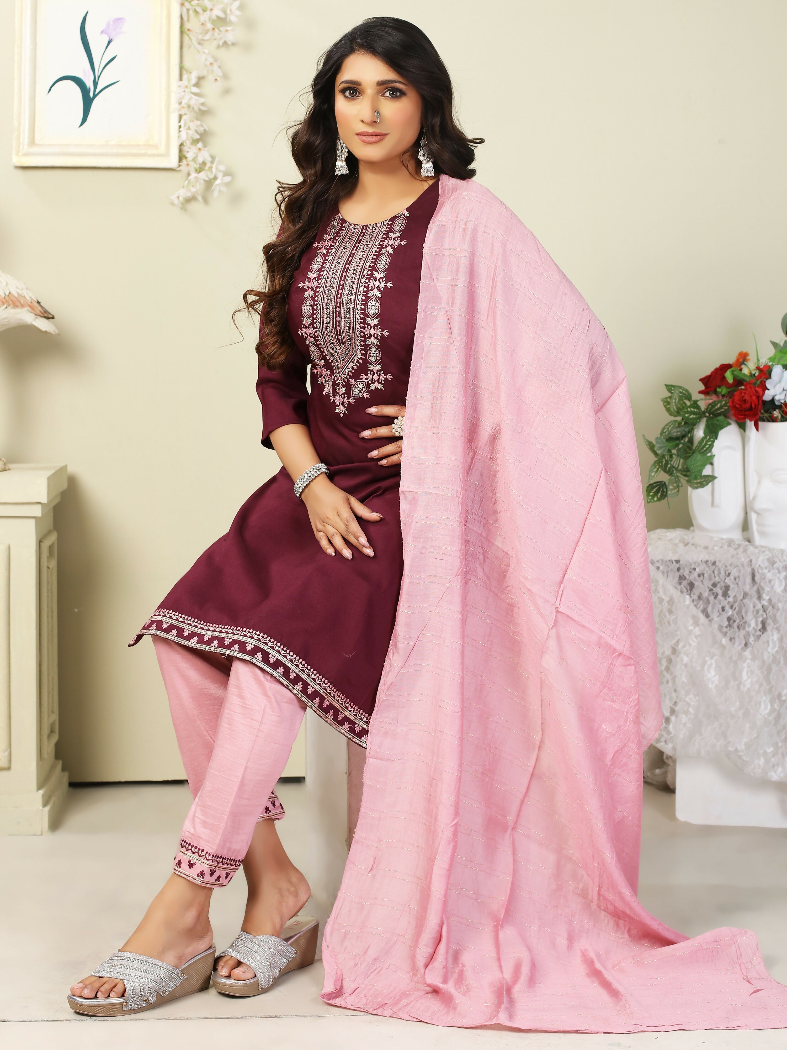 Vamika Chinon Embroidery Mahroon Party Wear/Casual Wear/Office Wear Kurta Set/Suit