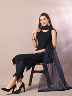 Myshka Women's Navy Blue Embroidered Cotton Straight Party Kurta Set With Dupatta