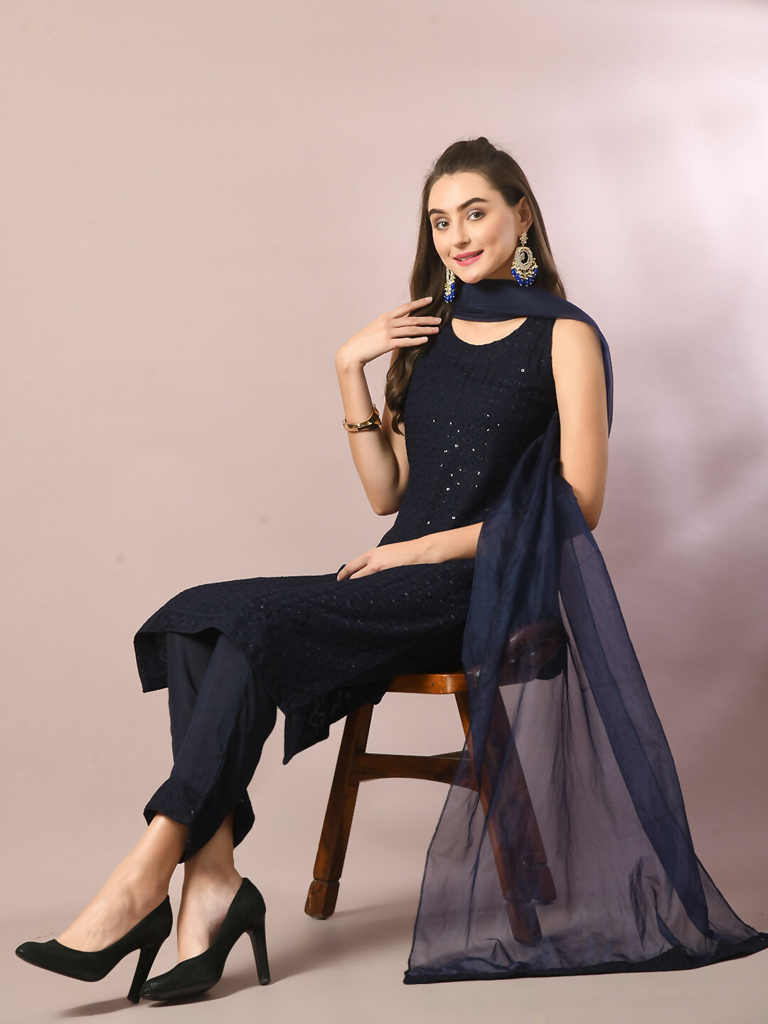Myshka Women's Navy Blue Embroidered Cotton Straight Party Kurta Set With Dupatta