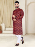 Mens Red Cotton Printed Kurta - Mahotsav
