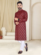 Mens Red Cotton Printed Kurta - Mahotsav