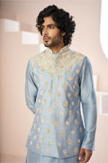 A Powder Blue Floral Hand Embroidered Nehru Jacket by Hilo Design