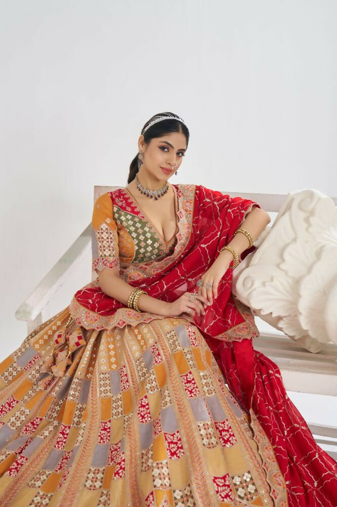 Kesar Fab Mustard Net Embroidered Lehenga