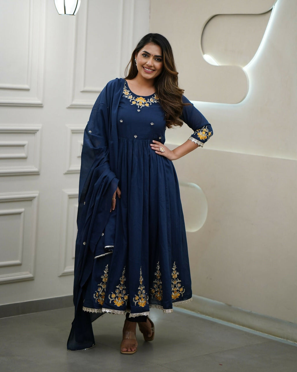 The52 Blue Women's Gorgeous Viscose Fabric Embroidered Work Flared Kurta Pant and Dupatta Set - Distacart