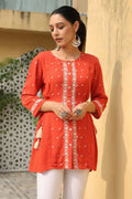 Juniper Women's Orange Rayon Crepe Embroidered Tunic - Distacart