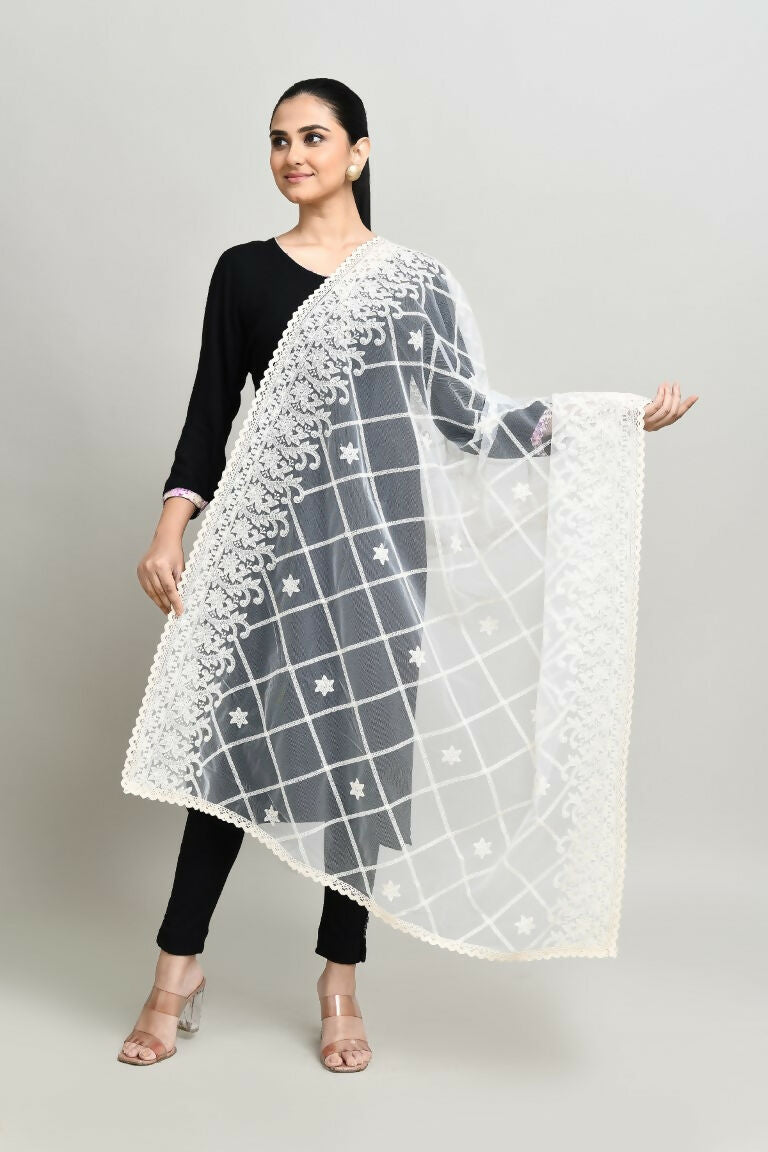 Joban Fashion White Cotton Embroidery Work Pakistani Karanchi Dupatta