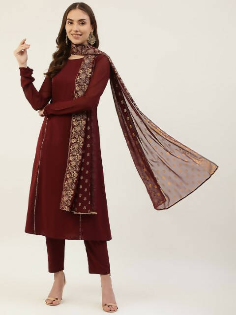 FIORRA Women's Maroon Poly Crepe Straight Kurta Pant With Dupatta