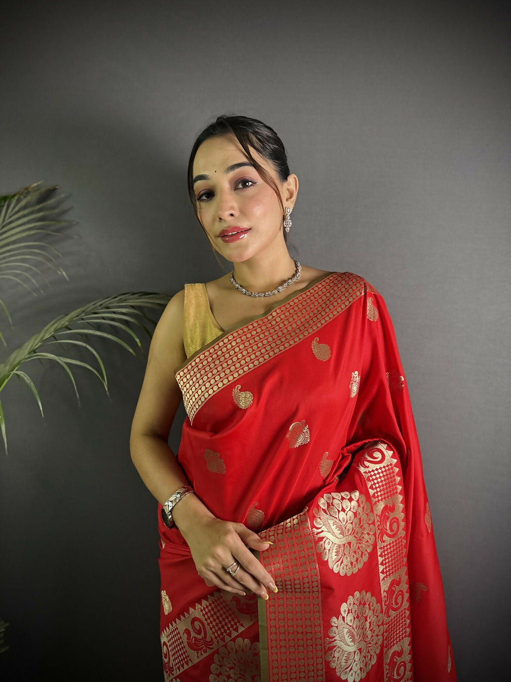 Joban Fashion Red Banarasi Soft Lichi Silk Paisley Saree - Distacart