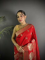 Joban Fashion Red Banarasi Soft Lichi Silk Paisley Saree - Distacart