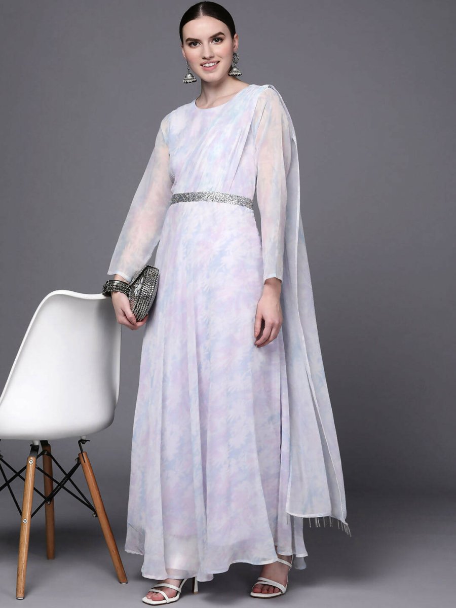 Ahalyaa Women Blue & White Floral Fit & Flare Maxi Ethnic Dress - Distacart