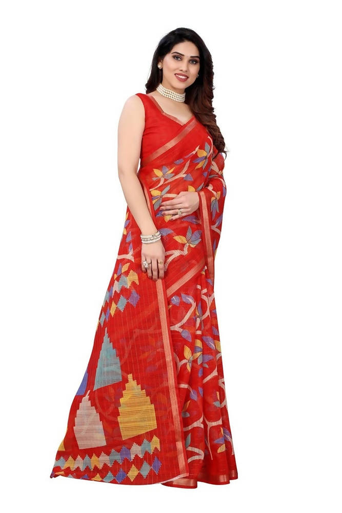 Vamika Red Linen Zari Border Beautiful Saree