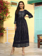 Juniper Women's Navy Festive Embroidered Flared Dress - Distacart