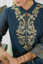 Juniper Blue Chanderi Festive Embroidered Polka Dot Printed A-Line Kurta For Women - Distacart