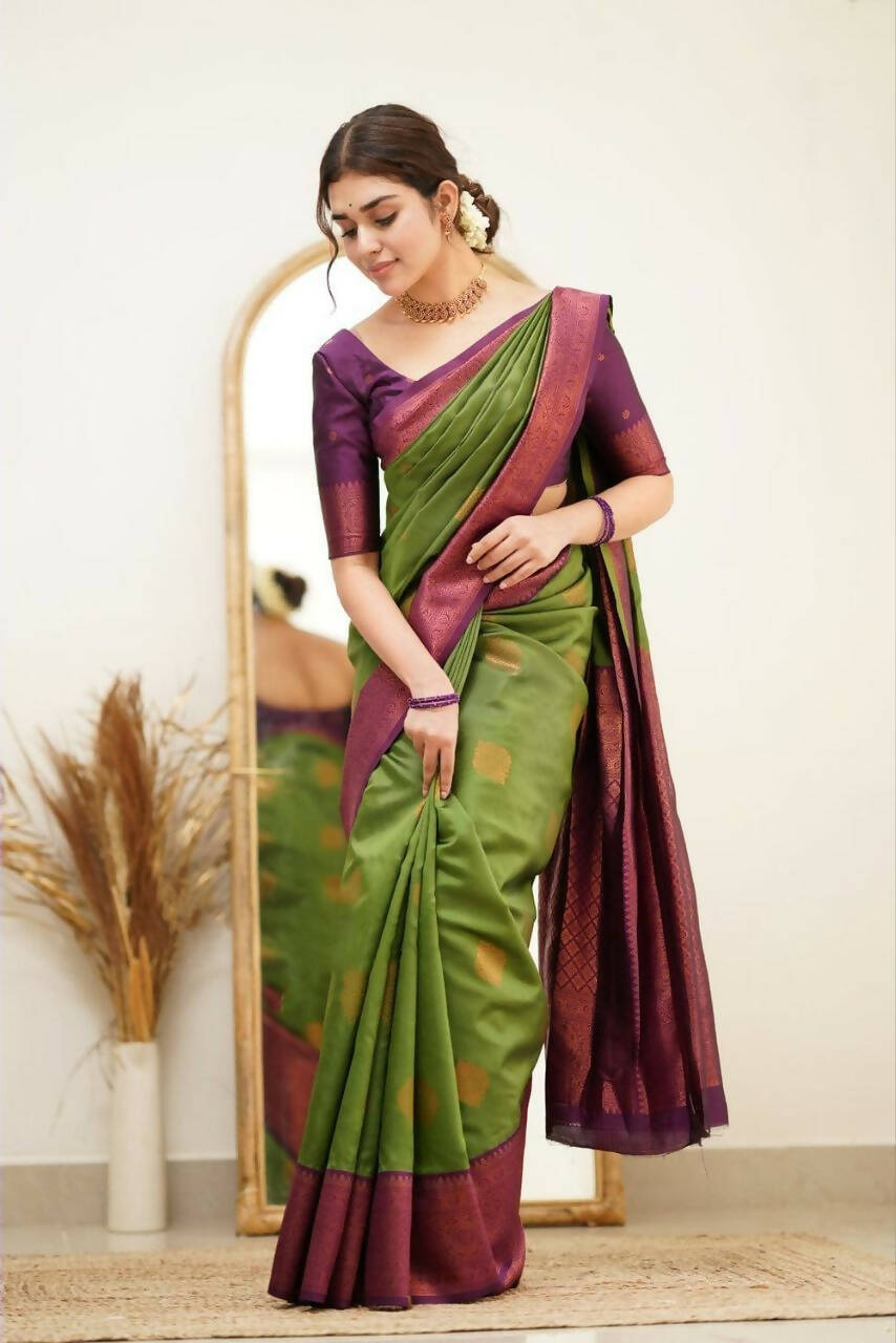 DEIANA'S Beautiful Designer Golden zari Soft Lichi Silk Saree - Mehndi
