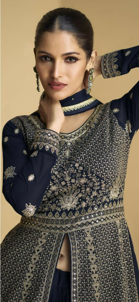 Vastranavya Navy Blue Georgette Embroidered Sequins Work Anarkali Style A Line Suits
