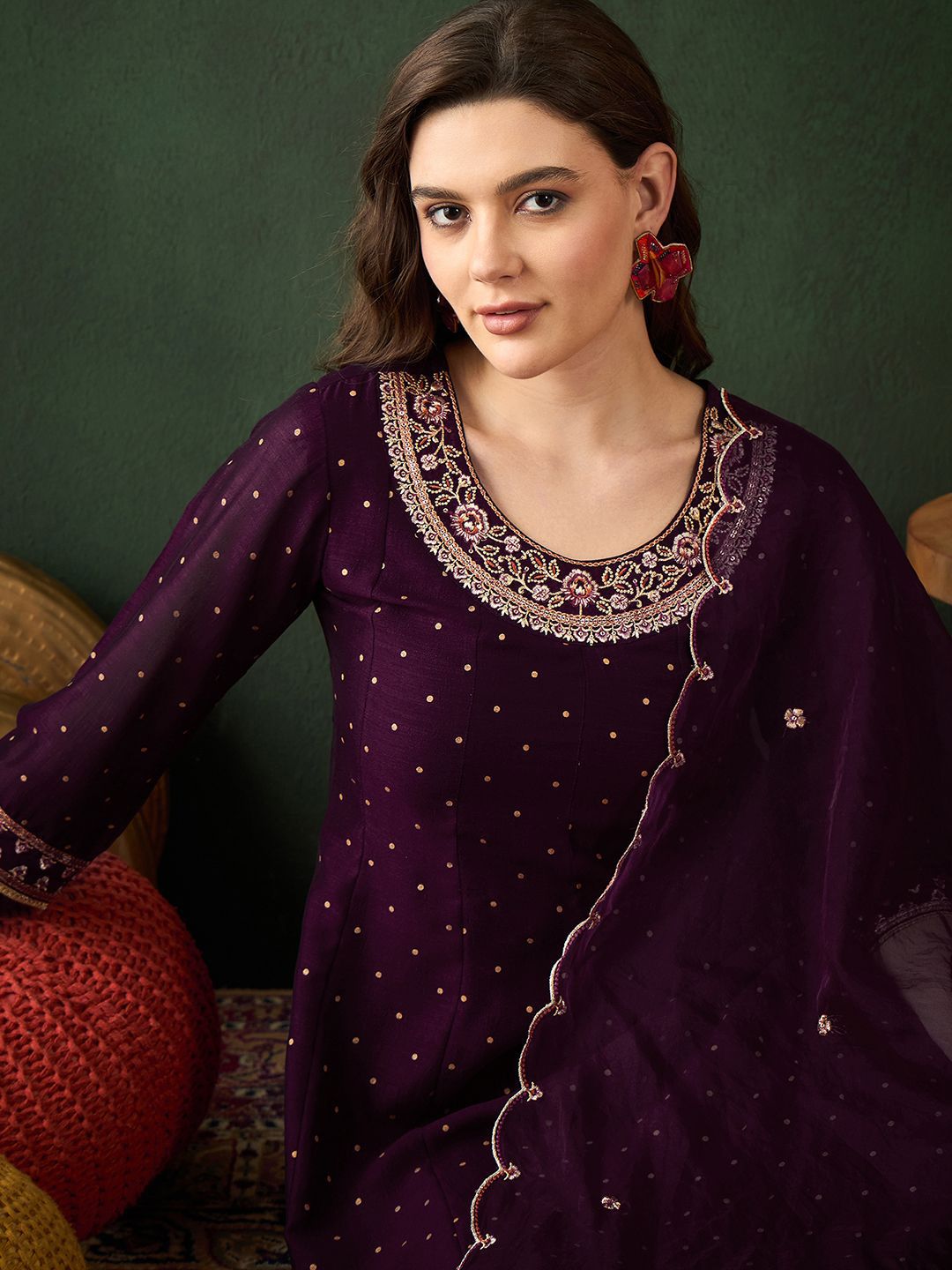 Sangria Floral Embroidered Kurta with Trouser & Dupatta