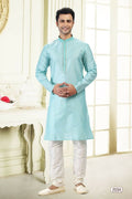 Raivat Ethnic Jacquard Art Silk Thread Work Kurta Pajama In Sky Blue Colour - Distacart