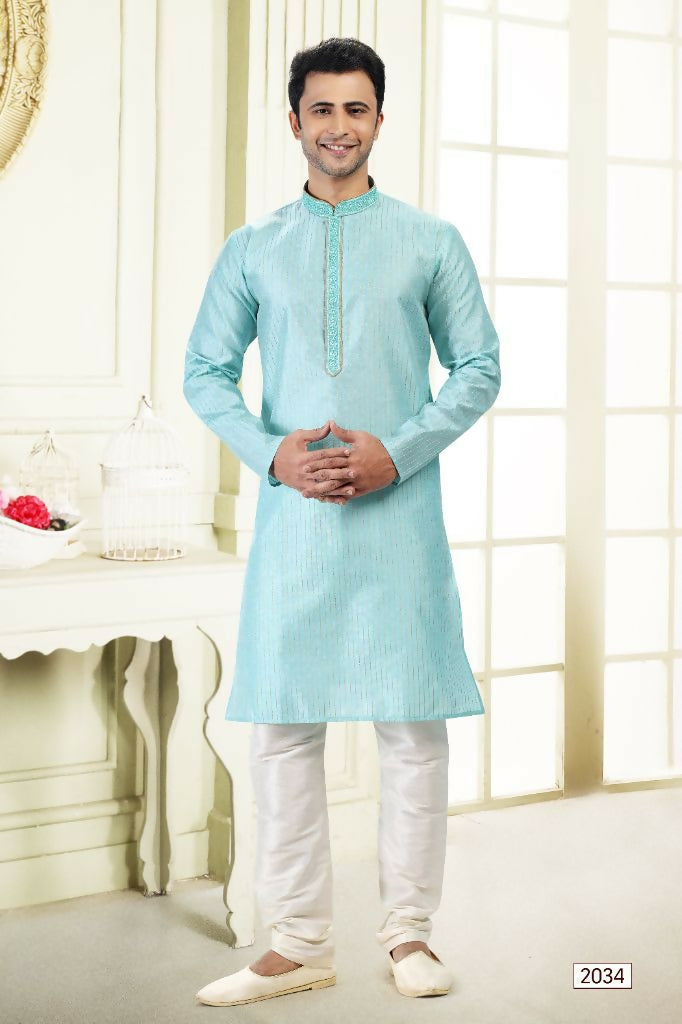 Raivat Ethnic Jacquard Art Silk Thread Work Kurta Pajama In Sky Blue Colour - Distacart