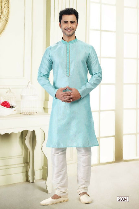 Raivat Ethnic Jacquard Art Silk Thread Work Kurta Pajama In Sky Blue Colour