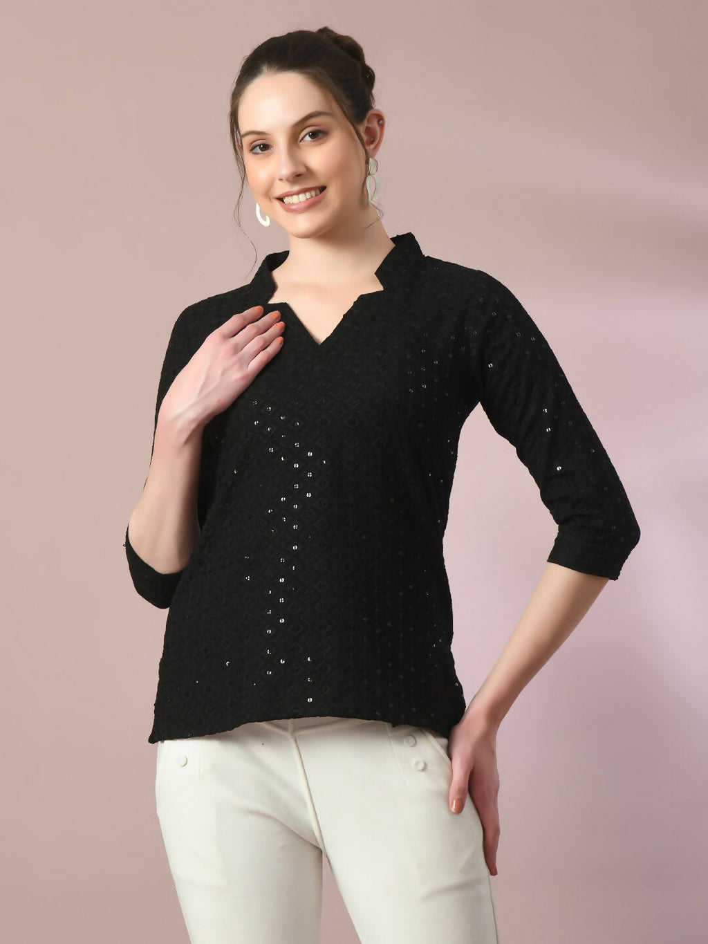Myshka Women's Black Embellished Cotton Regular Party Tunic