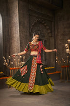 Green Viscose Rayon Thread Embroidered Navratri Lehenga Choli with Dupatta - Raas