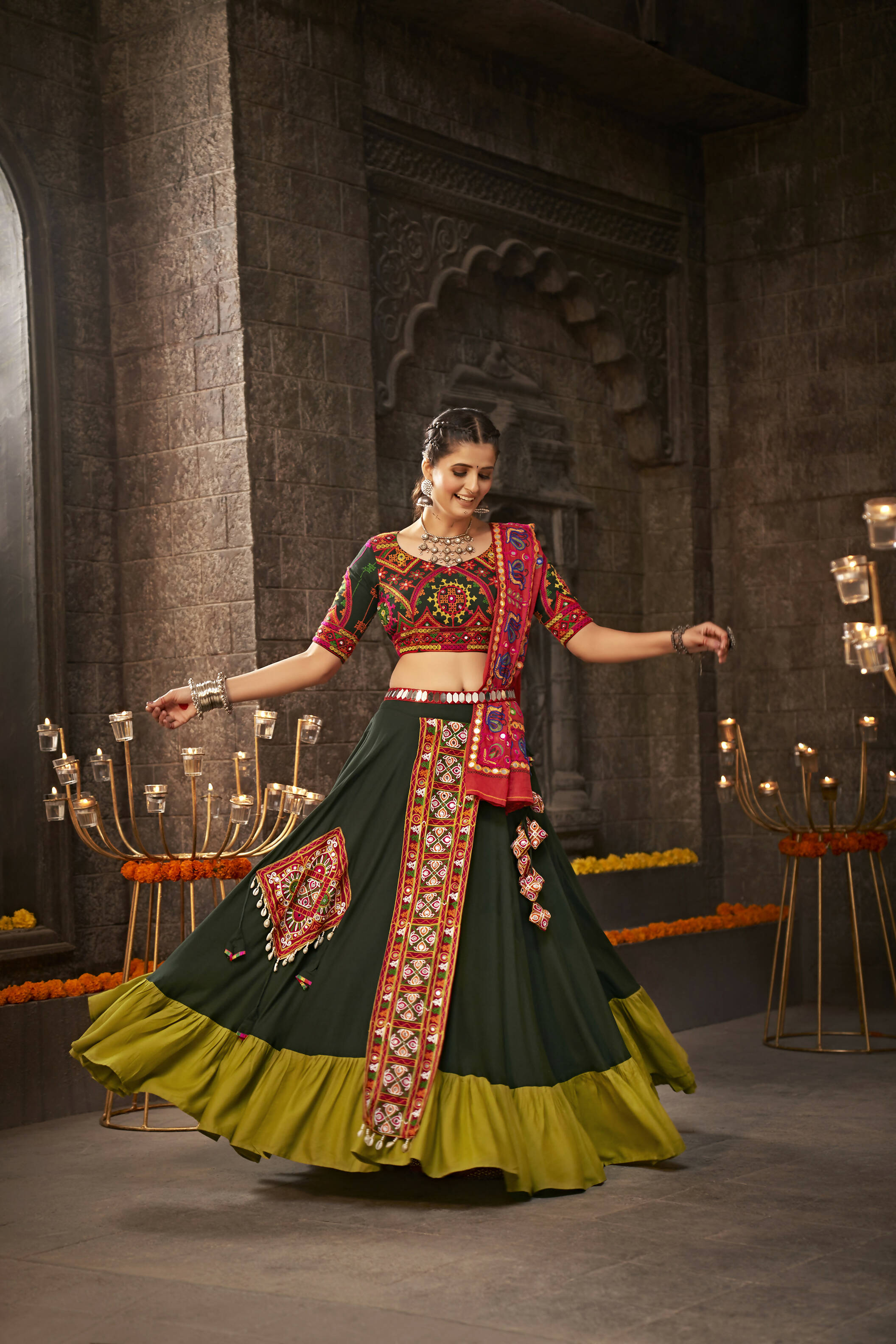 Green Viscose Rayon Thread Embroidered Navratri Lehenga Choli with Dupatta - Raas