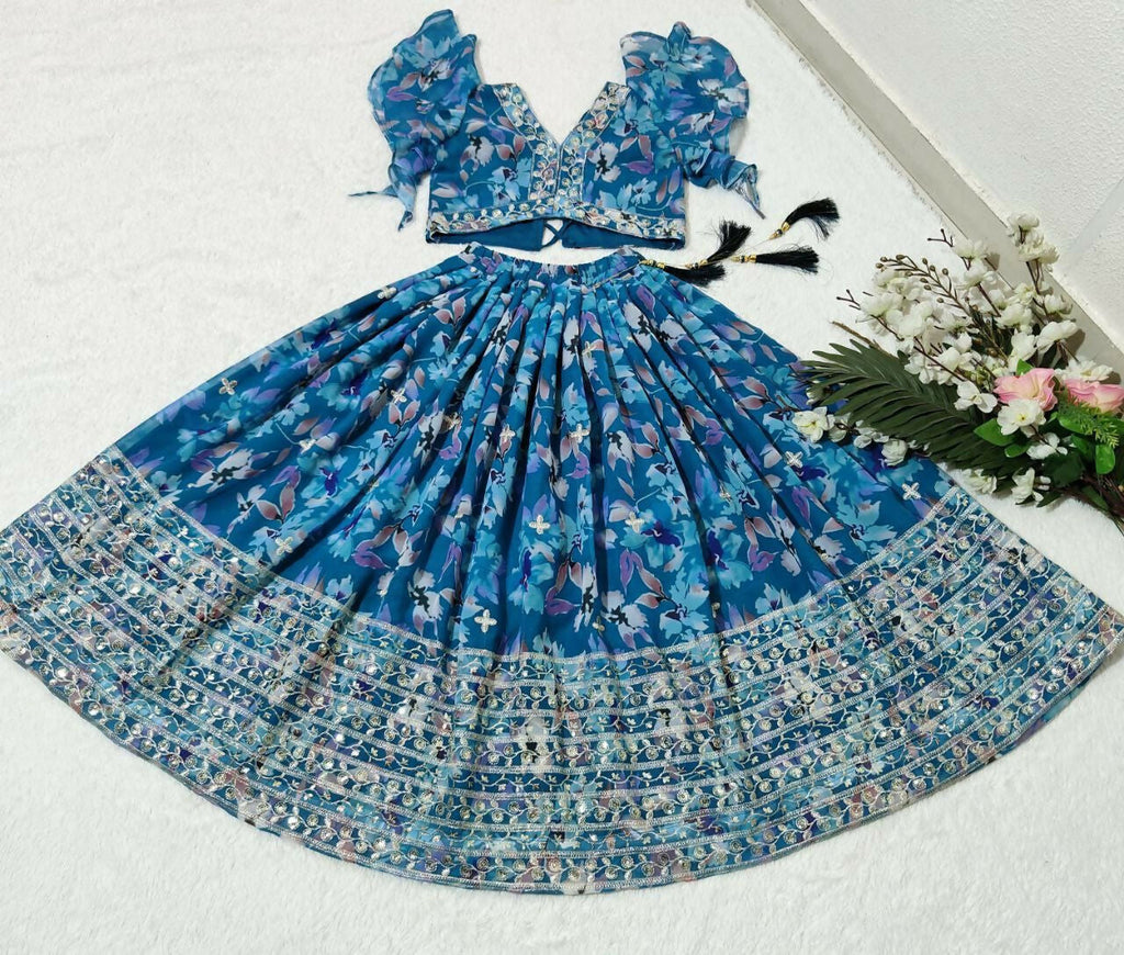 Jyoti Fashion Beautiful Blue Faux Georgette Digital Printed with Sequins Embroidered Kids Lehenga Choli Set