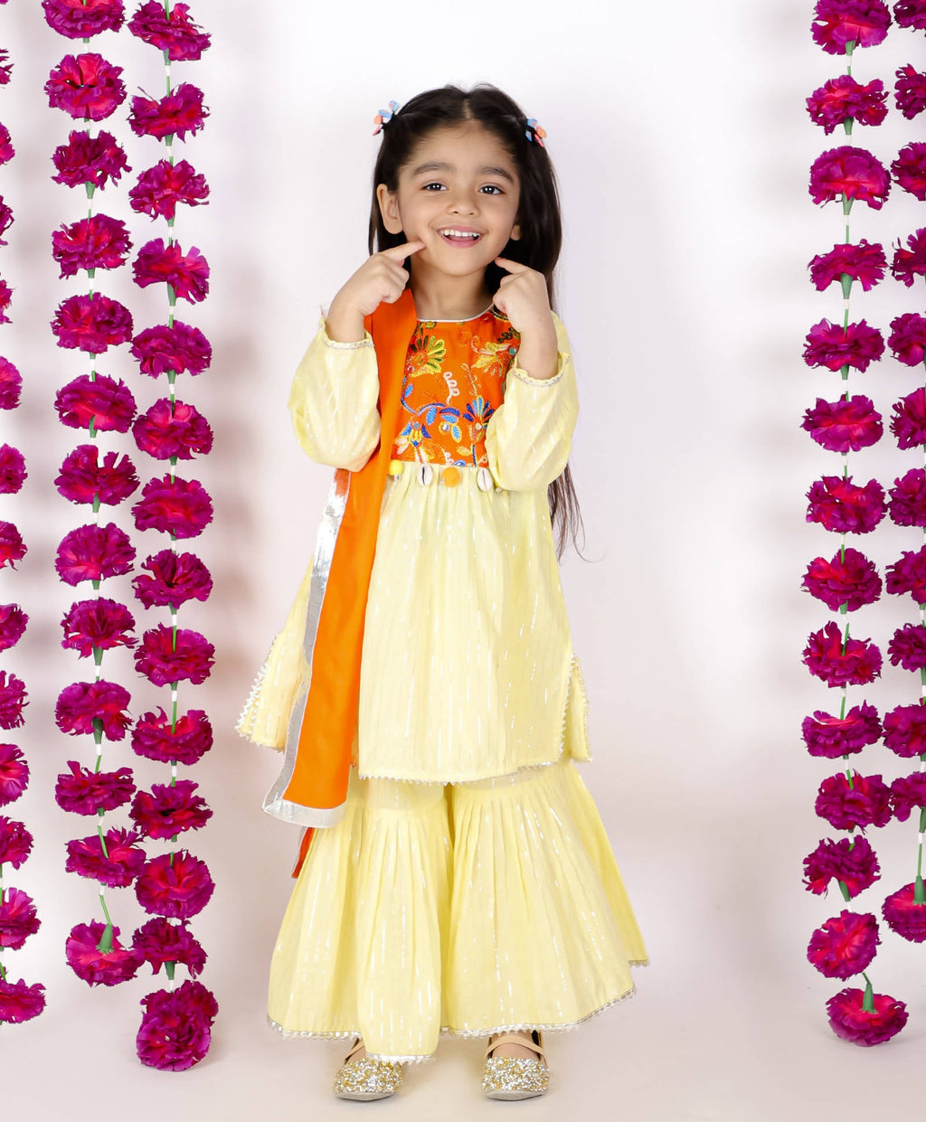 Little Bansi Girls Yellow & Orange Color Mirror work Kurta frock with Sharara & Dupatta