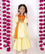 Little Bansi Girls Yellow & Orange Color Mirror work Kurta frock with Sharara & Dupatta
