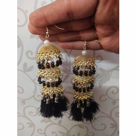 MS Fashion India Latkan Gold Color Jhumkas With Black Color Beads And Silk Threads