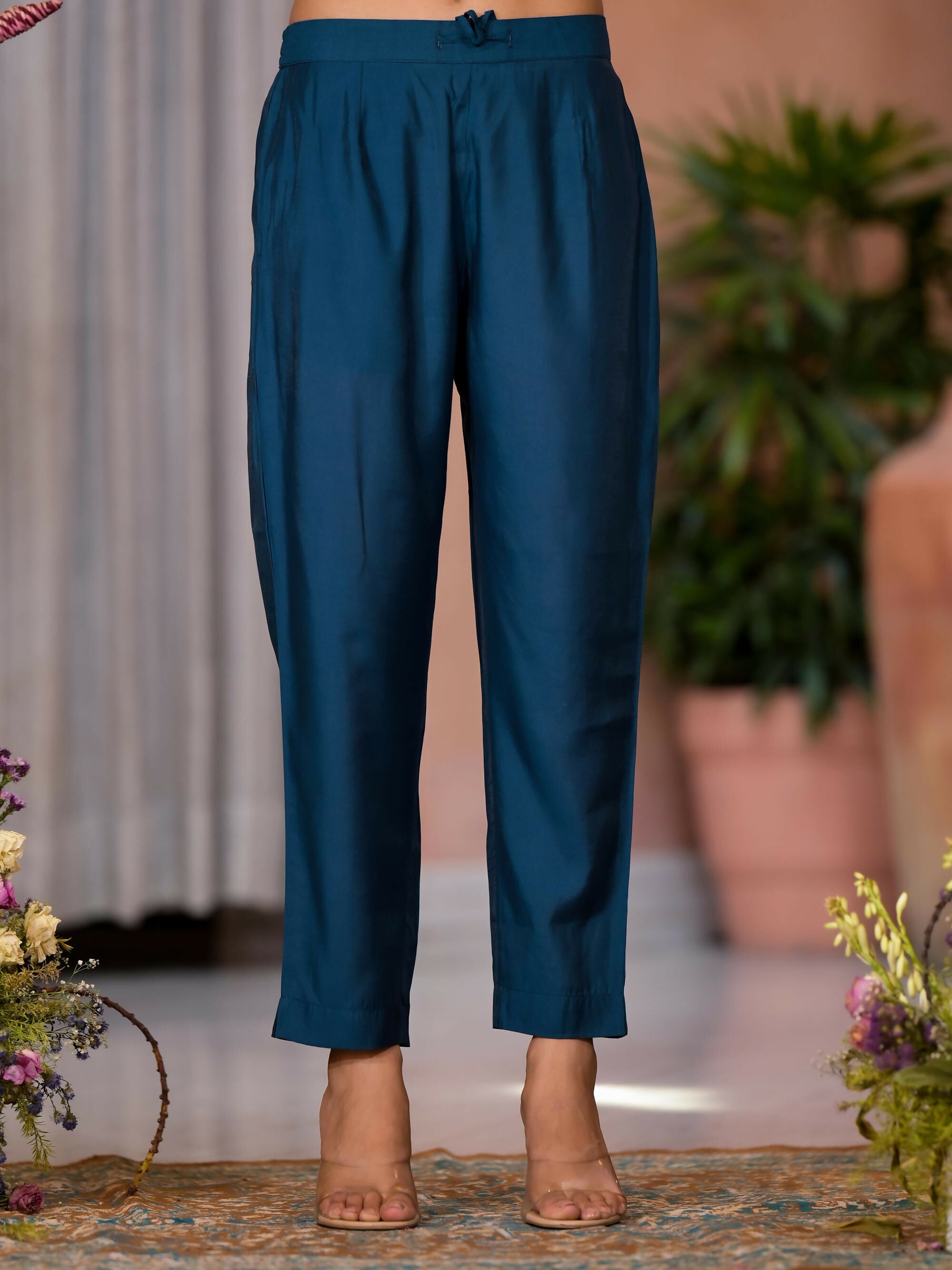 Juniper Women's Teal Thread Work Embroidered Viscose Kurta Pant And Dupatta Set With Buttons Work