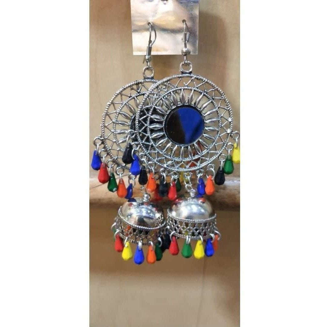 Sun Shape Design Earrings With Jhumkas And Multicolor Pearls