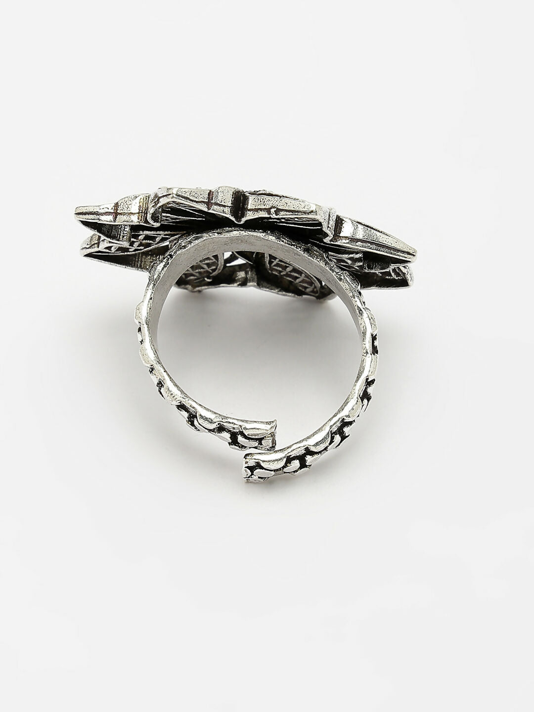 NVR Women's Silver-Toned Floral Shape Adjustable Finger Ring
