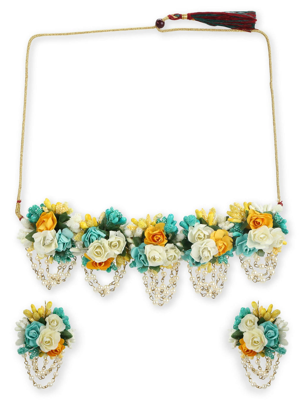 Flower Jewellery Gold-Plated Turquoise Blue Floral Jewellery Set - Ruby Raang - Distacart