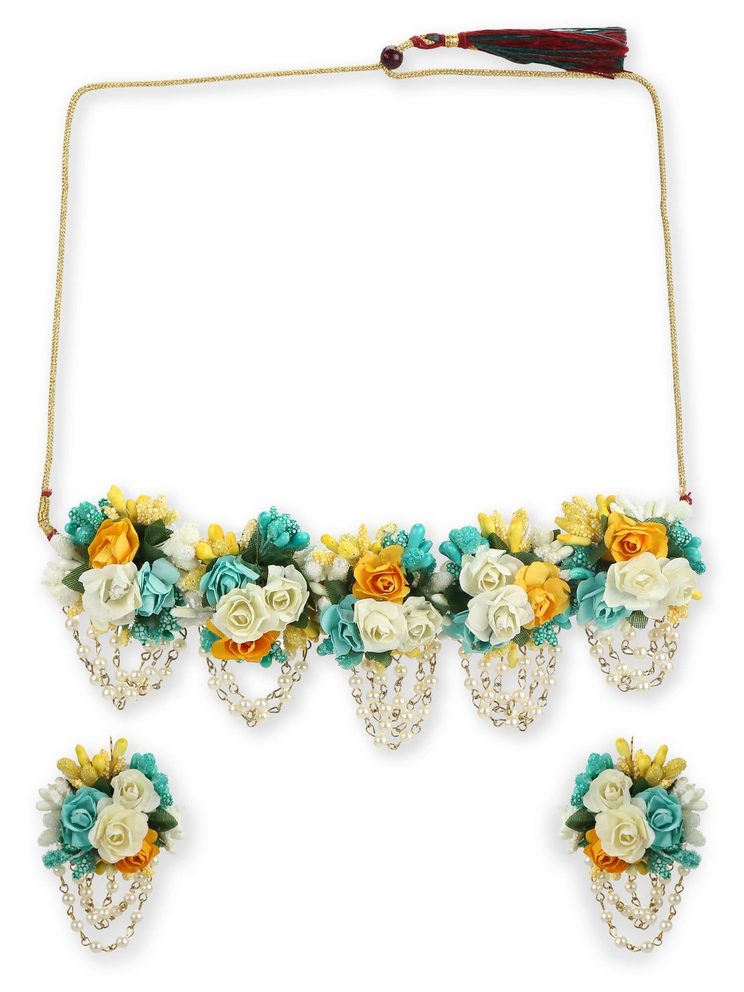Flower Jewellery Gold-Plated Turquoise Blue Floral Jewellery Set - Ruby Raang - Distacart