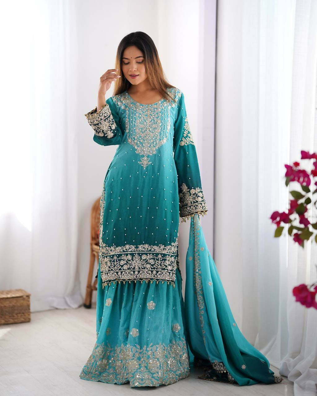 The52 Women's Beautiful Chinon silk Fabric Embroidery Work Straight Kurta Palazzo and Dupatta Set - Distacart