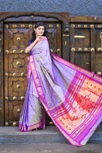 Very Much Indian Pure Silk Handloom Paithani -Dual Tone Lavender With Purplish Pink - Distacart