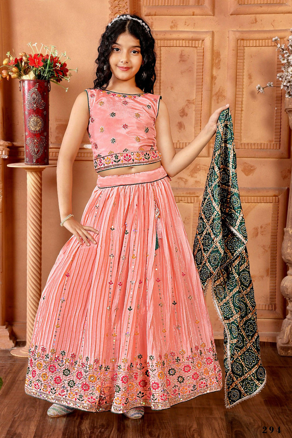 Kids Functional Designer Peach Chinon Fab Lehenga choli - Aaradhna