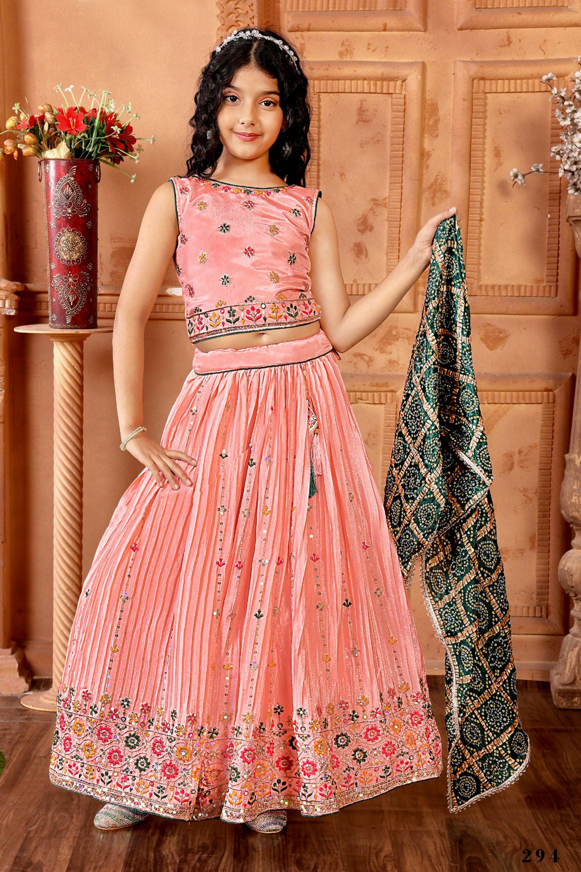 Kids Functional Designer Peach Chinon Fab Lehenga choli - Aaradhna