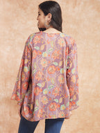 InWeave Women's Dove Grey Floral Digital Print Kaftan Boho Top