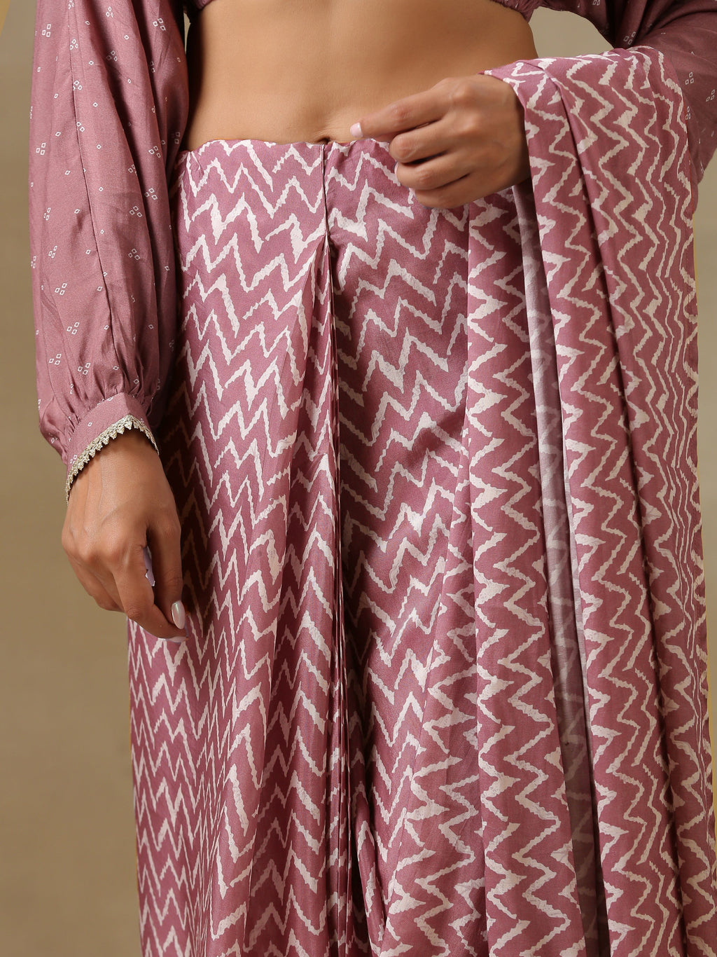 trueBrowns Dark Mauve Bandhani Printed SilkReady to Wear Saree