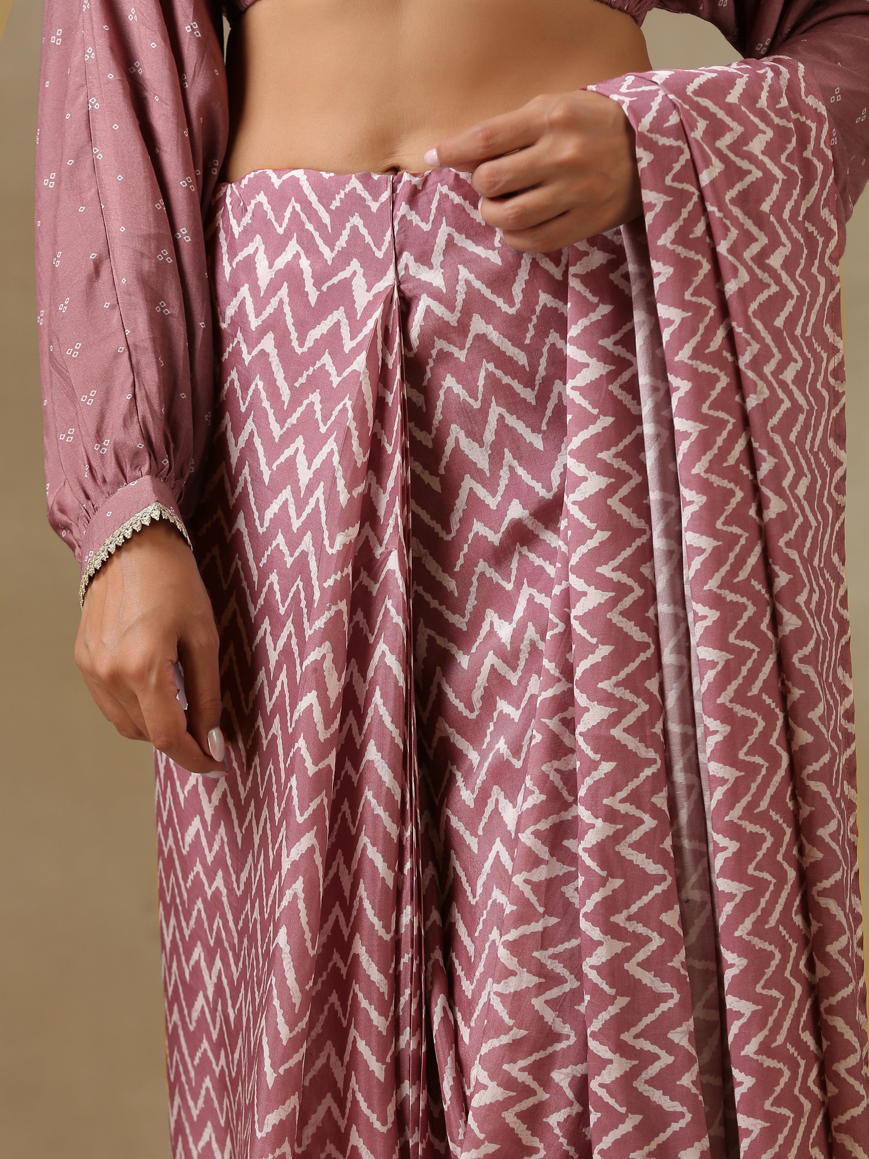 trueBrowns Dark Mauve Bandhani Printed SilkReady to Wear Saree