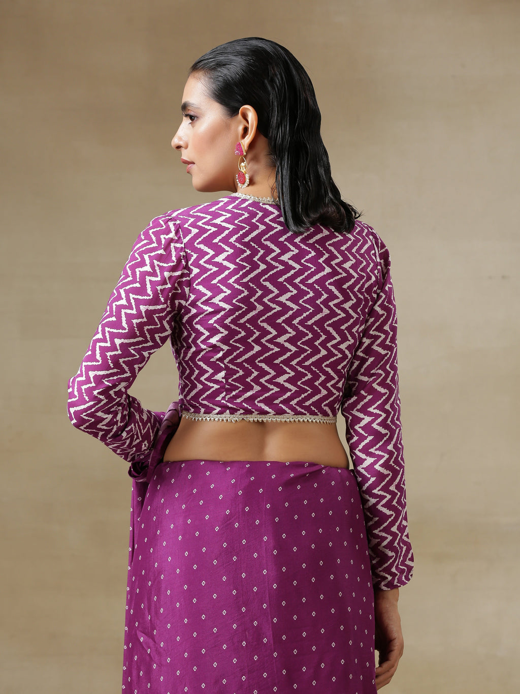 trueBrowns Purple Bandhani Printed Silk Full Sleeve Blouse