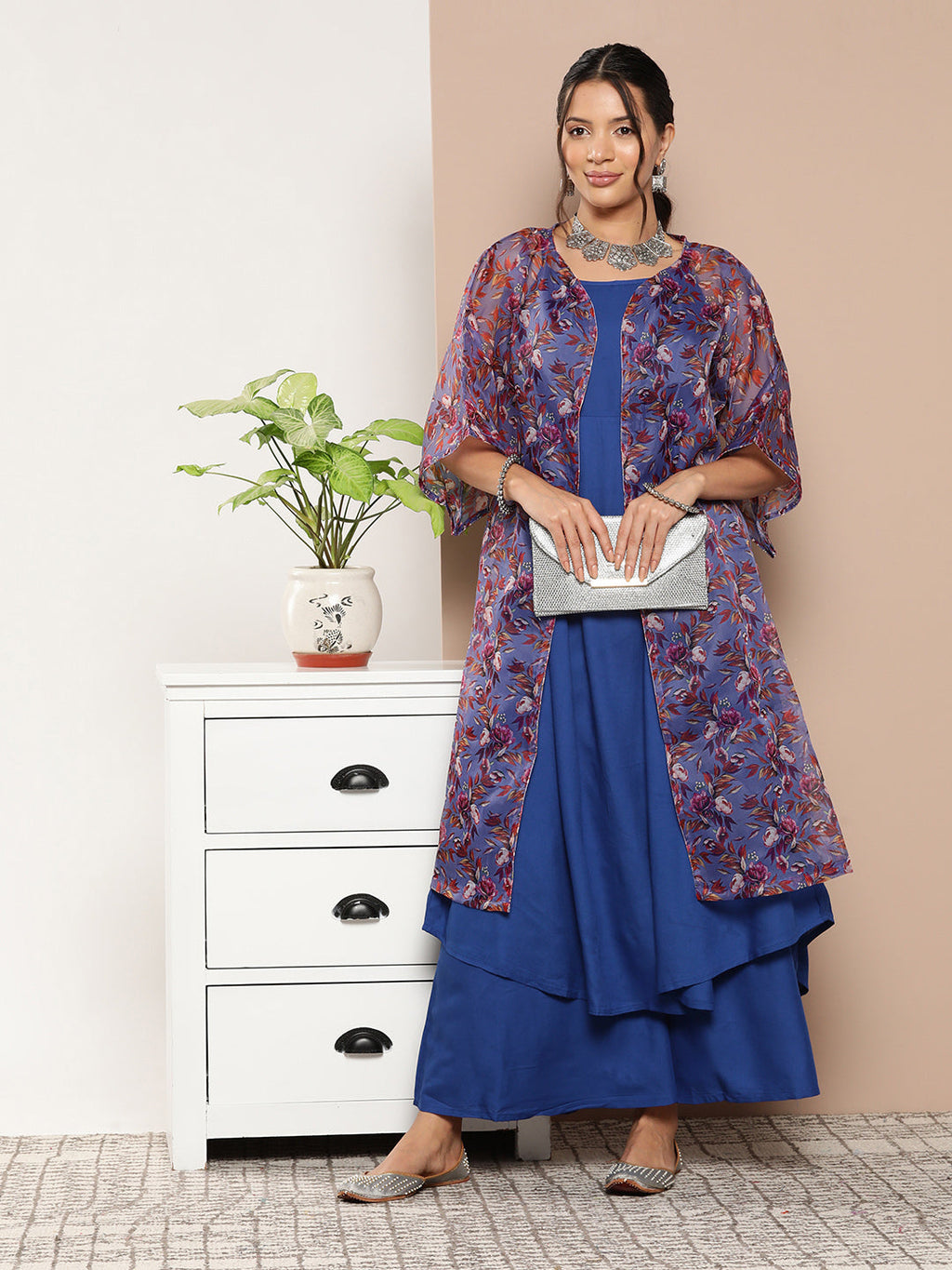 InWeave Ink Blue Strappy Set With Mauve Print Floral Cape