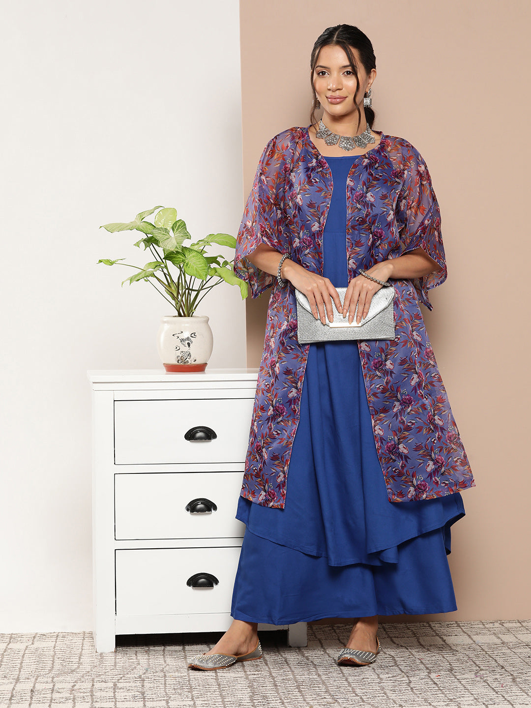 InWeave Ink Blue Strappy Set With Mauve Print Floral Cape